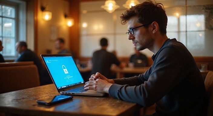 Eine Person sitzt allein in einem Café mit Laptop und Kaffeetasse.