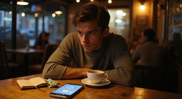 Junge Person nachdenklich in einem Café, umgeben von Alltagsgegenständen.