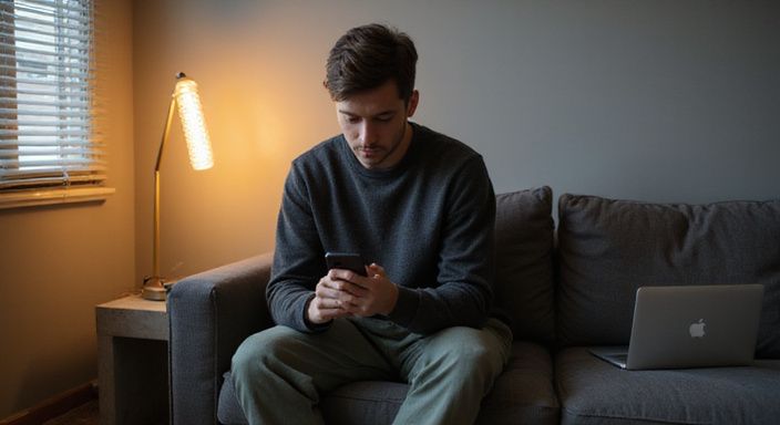 Eine nachdenkliche Person sitzt auf einem minimalistischen Sofa und schaut auf ihr Smartphone und suceh sexkontakt in Mecklenburg-Vorpommern.