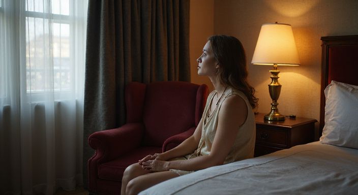 Eine nachdenkliche Frau sitzt allein in einer eleganten Hotelsuite.