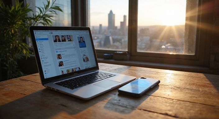 Ein Arbeitsbereich mit Laptop und Smartphone zeigt Dating-App-Interfaces. Ein Arbeitsbereich mit Laptop und Smartphone zeigt Dating-App-Interfaces.