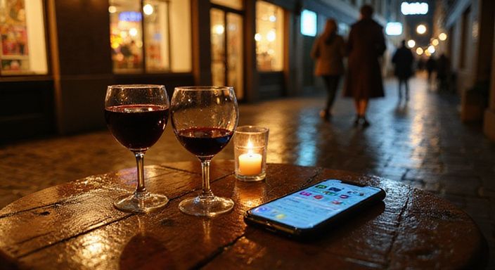 Café-Tisch mit Weingläsern und Smartphone in regennasser Altstadt-Szene.