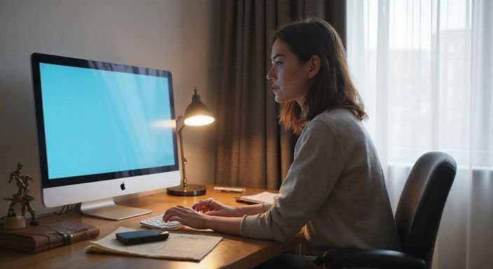 Eine konzentrierte Frau arbeitet an einem minimalistischen Schreibtisch mit Sicherheitsprotokollen. Eine konzentrierte Frau arbeitet an einem minimalistischen Schreibtisch mit Sicherheitsprotokollen.