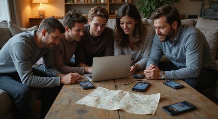 Eine Gruppe von Erwachsenen diskutiert aktiv über Dating-Apps am Laptop. Eine Gruppe von Erwachsenen diskutiert aktiv über Dating-Apps für erotischer kontakt finden online am Laptop.