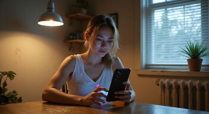 Eine junge Frau sitzt an einem Schreibtisch und nutzt ihr Smartphone. Eine junge Frau sitzt an einem Schreibtisch und wollen erotischer kontakt finden.