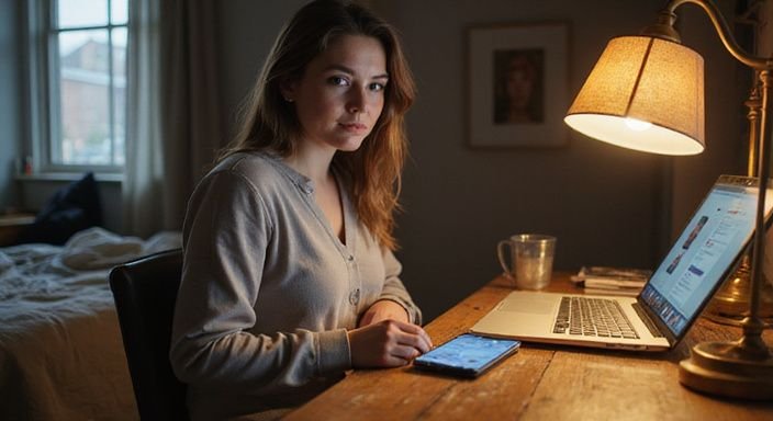 Eine nachdenkliche Frau nutzt ihr Smartphone an einem Schreibtisch. Eine nachdenkliche Frau nutzt ihr Smartphone an einem Schreibtisch.