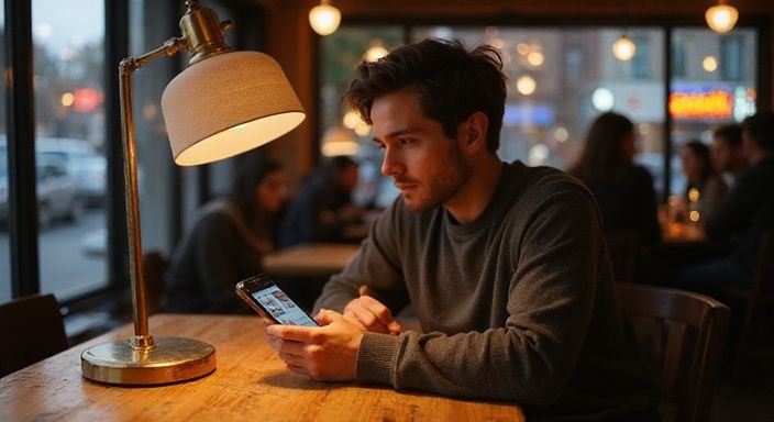Eine nachdenkliche Person sitzt allein in einem Café. Eine nachdenkliche Person sitzt allein in einem Café und wollen erotischer kontakt finden.