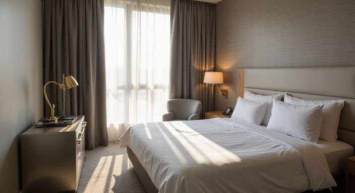Candidaufnahme eines modernen, eleganten Hotelzimmers ohne Personen.