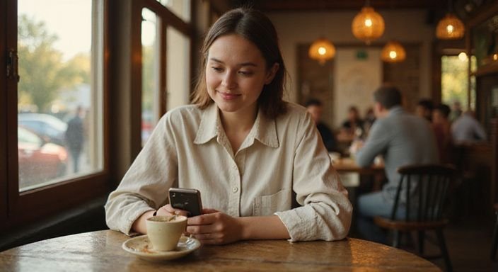 Eine nachdenkliche Frau sitzt alleine an einem Tisch in einem Café