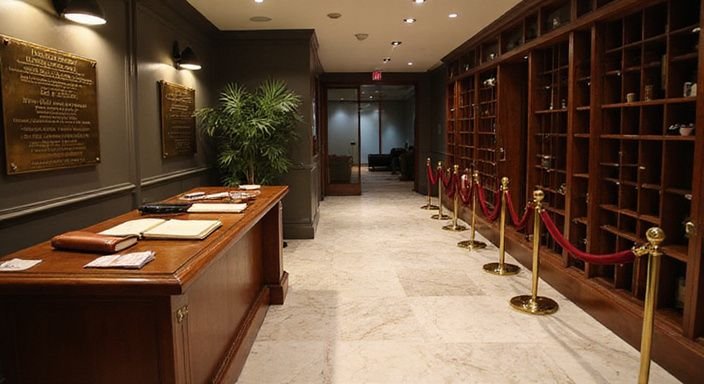 Eleganter Eingang eines privaten Clubs mit luxuriösem Interieur und Details.