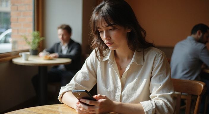 Eine Frau sitzt nachdenklich in einem Café und schaut auf ihr Smartphone.
