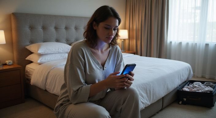 Eine nachdenkliche Frau in bequemer Kleidung sitzt auf einem Hotelbett.