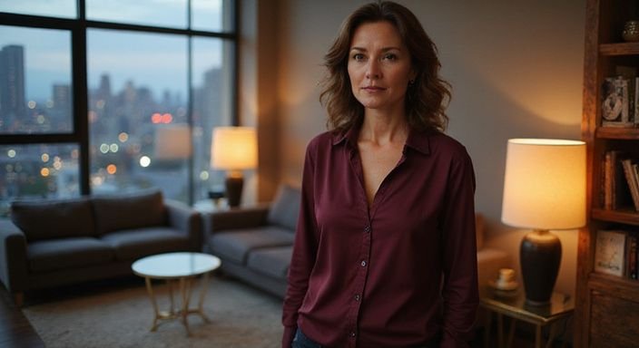 Eine selbstbewusste Frau mit warmen Augen in modernem, schlichtem Raum. Eine selbstbewusste Frau mit warmen Augen in modernem, schlichtem Raum.