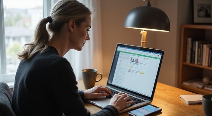 Eine konzentrierte Frau in den Fünfzigern arbeitet am Laptop. Eine konzentrierte Frau in den Fünfzigern arbeitet am Laptop.