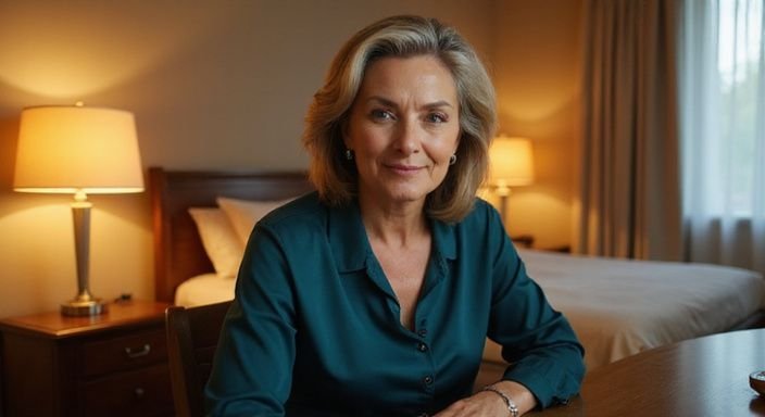 Eine entspannte Frau in einem eleganten Oberteil sitzt am Schreibtisch. Reife Cougars Sexdates suchen