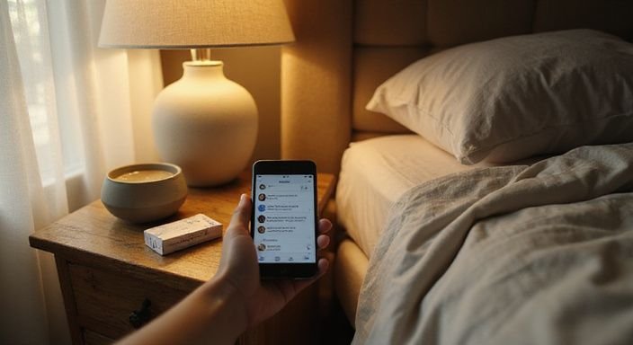 Ein Smartphone liegt neben einem Lampen und Verhütungsmitteln auf einem Nachttisch.
