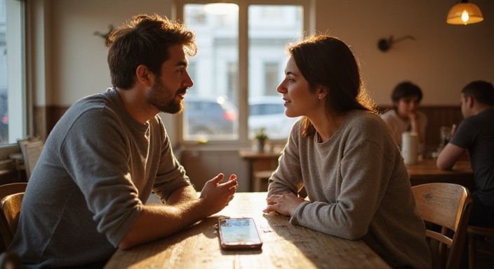 Zwei Erwachsene genießen ein lebhaftes Gespräch über ein Sexdate in Feldkirch in einem Café.