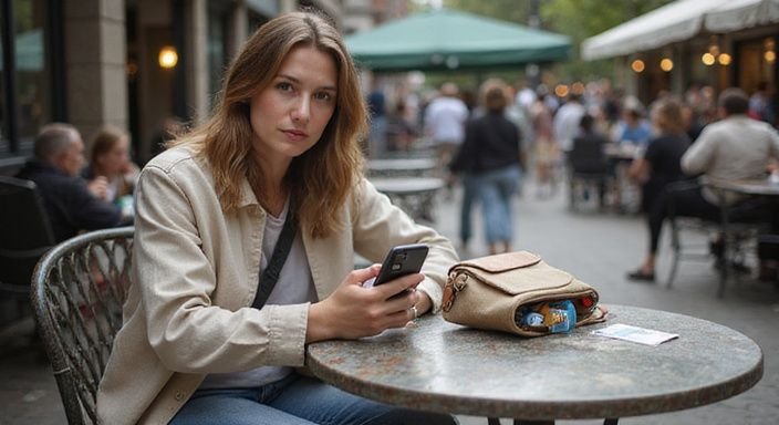 Eine aufmerksame Person sitzt entspannt an einem Café-Tisch.