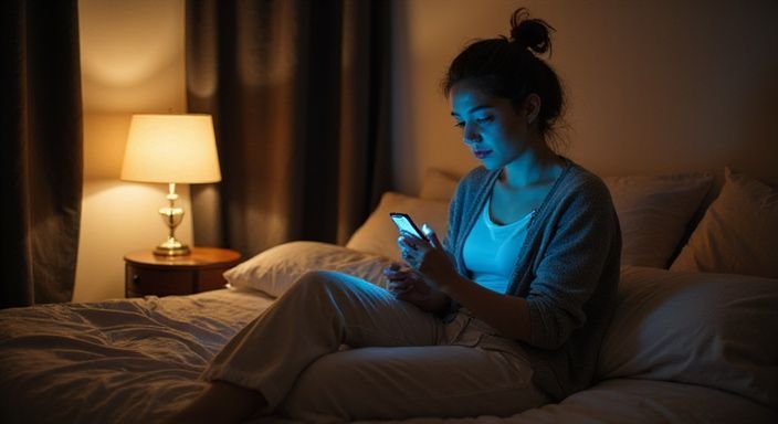 Eine nachdenkliche Frau scrollt in einem unordentlichen Schlafzimmer durch eine Dating-App.