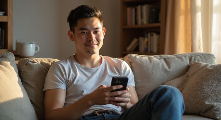 Eine Person entspannt auf einer Couch und nutzt eine Dating-App.