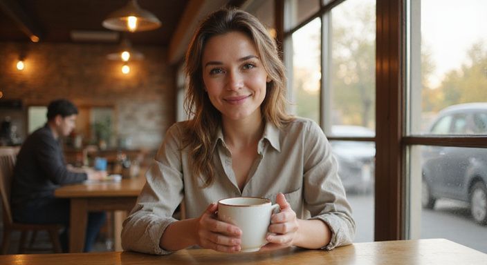 Eine lächelnde Frau sitzt entspannt an einem Café-Tisch.