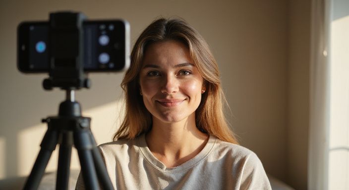 Junger Erwachsener macht ein freundliches Selfie in gemütlicher Umgebung.