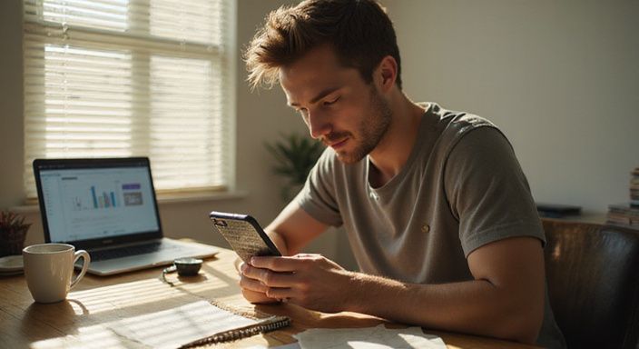 Eine Person konzentriert sich auf eine Dating-App am Schreibtisch.