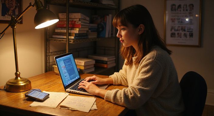 Eine konzentrierte Frau ageht an ihrem MacBook in eein sexdating profil schreiben.