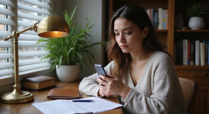 Eine Frau arbeitet konzentriert an ihrem Schreibtisch mit Smartphone und Notebook.