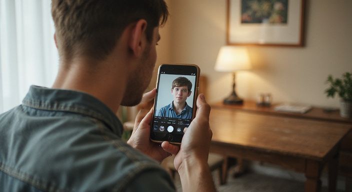 Eine junge Person in vintage Kleidung hält ein Smartphone vor sich.