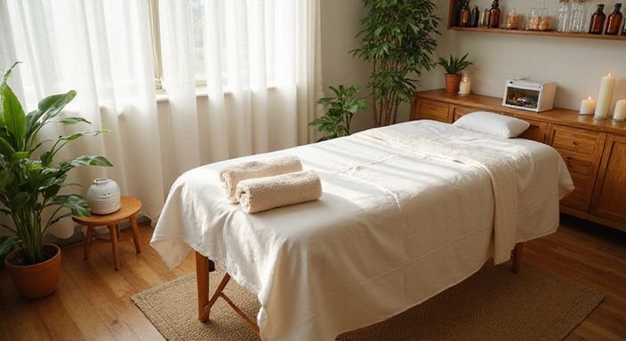 Ein gemütliches Massagestudio mit beruhigender Atmosphäre und entspannenden Elementen. Ein gemütliches Massagestudio mit beruhigender Atmosphäre und entspannenden Elementen.
