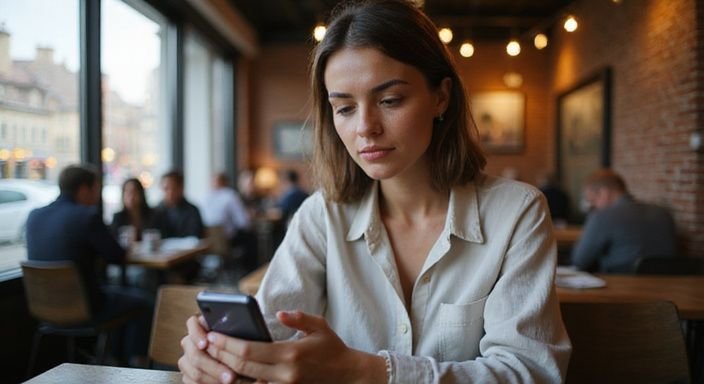 Eine nachdenkliche Frau scrollt allein auf ihrem Smartphone in einem Café. Eine nachdenkliche Frau scrollt allein auf ihrem Smartphone in einem Café.