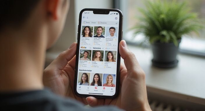 Smartphone zeigt Dating-App mit Profilkarten und Preisangaben in Euro. Smartphone zeigt Dating-App mit Profilkarten und Preisangaben in Euro.