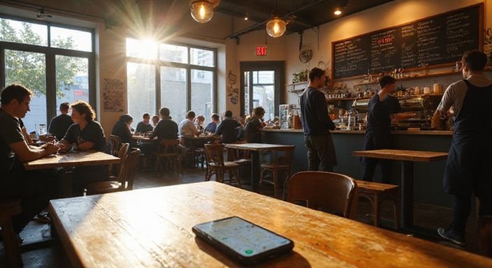 Belebtes Café mit Kunden, Baristas und rustikalem Interieur. Belebtes Café mit Kunden, Baristas und rustikalem Interieur.