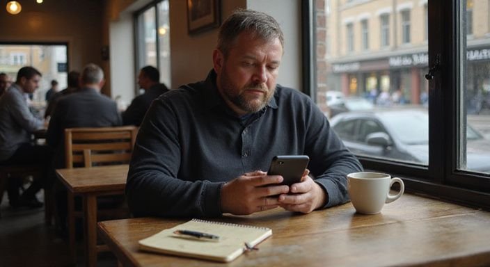 Ein Mann sitzt allein im Café, konzentriert auf sein Smartphone. Ein Mann sitzt allein im Café, konzentriert auf sein Smartphone.