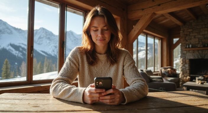 Eine nachdenkliche Frau in einem rustikalen Berghaus nutzt eine Dating-App. Eine nachdenkliche Frau in einem rustikalen Berghaus nutzt eine Dating-App für Sexkontakte in Tirol.