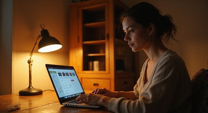Eine Frau studiert konzentriert ihr Dating-Profil am Laptop.