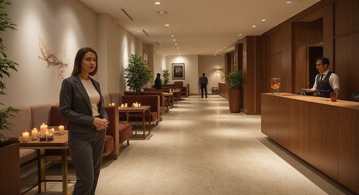Eine Frau steht in einer minimalistischen Hotel-Lobby am Empfangstresen.