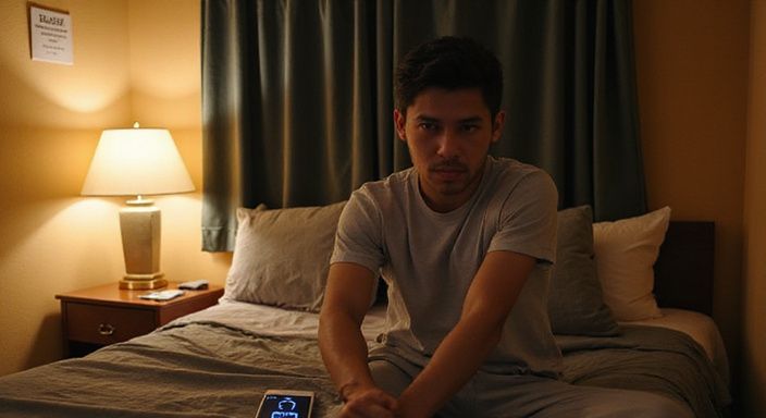 Eine nachdenkliche Person sitzt auf dem Bett in einem Hotelzimmer und wollen sextreffen in Neuenburg.