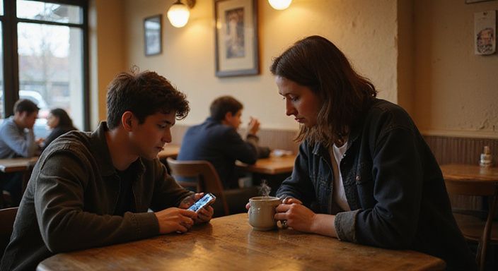 Zwei Personen in einem Café betrachten gemeinsam ein Smartphone.