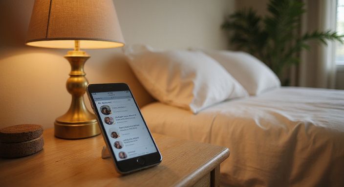 Ein Smartphone mit Dating-App für sextreffen in Neuenburg auf einem Nachttisch neben Kissen.