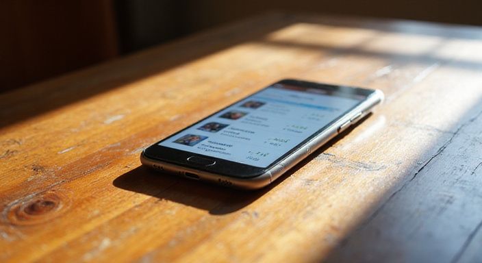 Ein modernes Smartphone liegt auf einem Walnusstisch mit App-Listen.