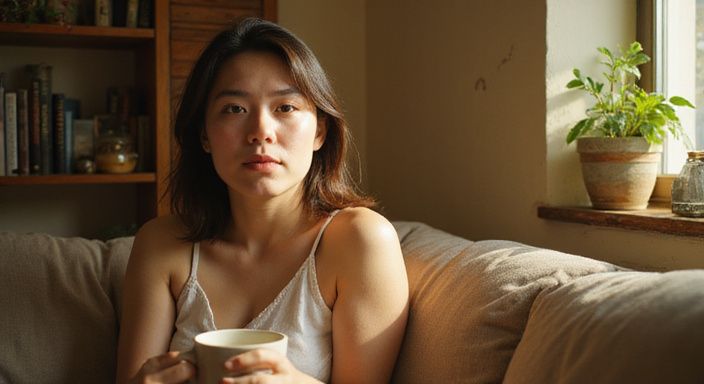 Eine entspannte Person sitzt auf einer Couch mit einer Tasse.