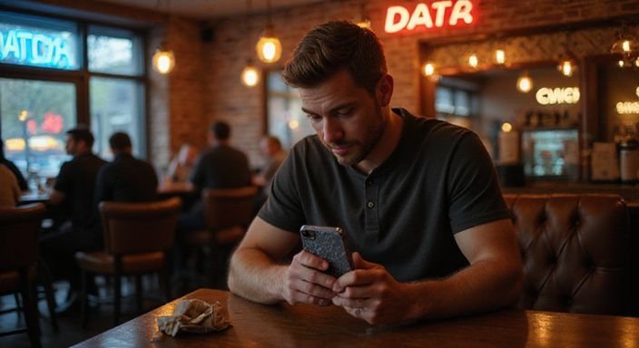 Ein Mann sitzt an einer Bar und nutzt eine Dating-App. Ein Mann sitzt an einer Bar und nutzt eine Dating-App für sextreffen in Sankt Gallen.
