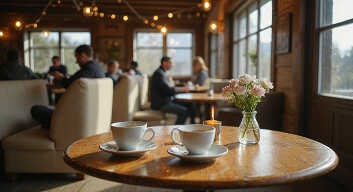 Eine gemütliche Schweizer Café-Szene mit Kaffee, Kerzenlicht und Blumen. Eine gemütliche Schweizer Café-Szene mit Kaffee, Kerzenlicht und Blumen.