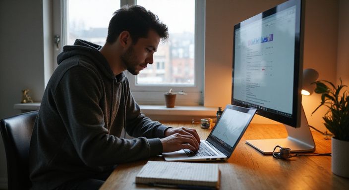Eine Person konzentriert sich an ihrem minimalistischen Homeoffice-Schreibtisch.