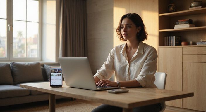 Eine entspannte Frau arbeitet an ihrem Laptop in einer modernen Wohnung.