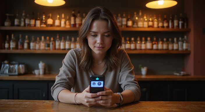 Eine Frau nutzt konzentriert ihr Smartphone an einer rustikalen Bar.