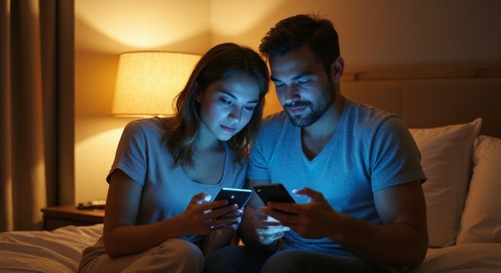 Zwei Erwachsene sitzen auf einem Hotelbett und schauen auf Smartphones.