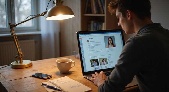 Ein Mann arbeitet konzentriert an seinem Laptop und überprüft Dating-Profile.